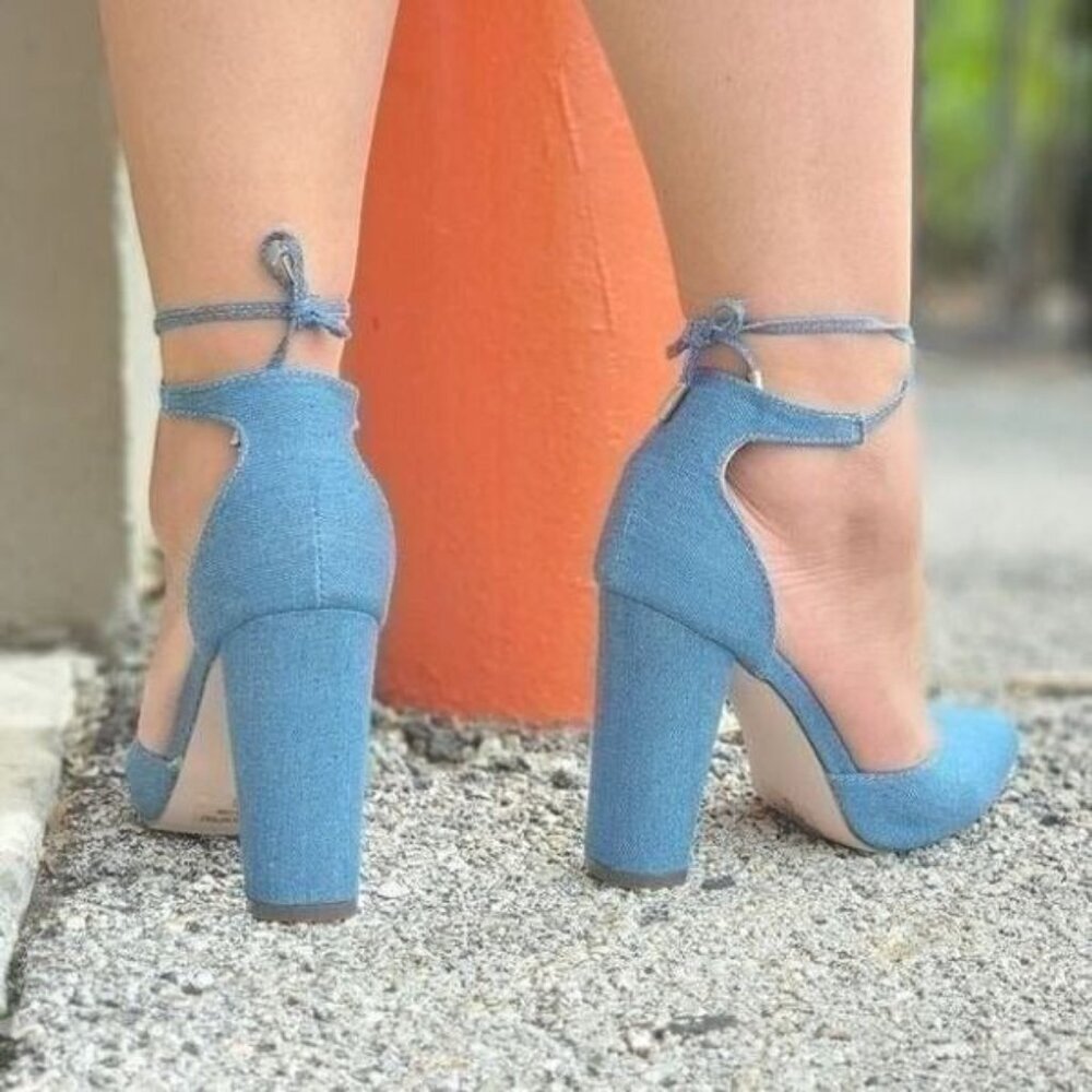 Blue Denim Point Toe Block Heel Ankle Strap Women’s Shoes - Picture 4 of 5